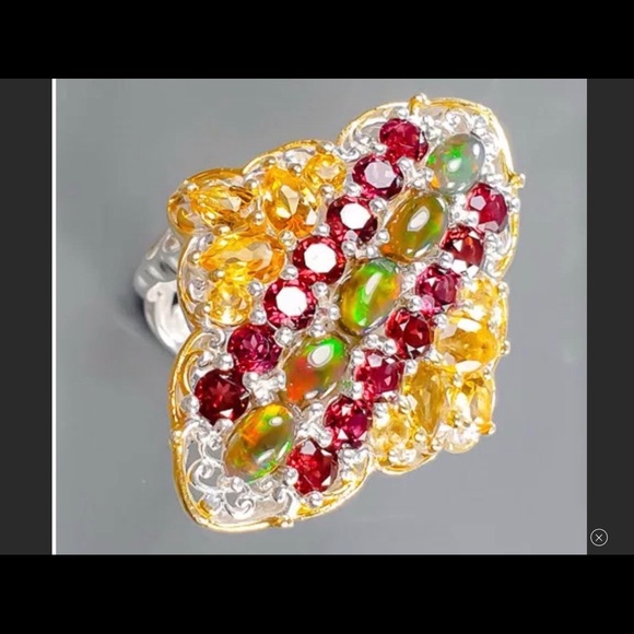 Breathtaking Genuine Fiery Opals, Citrine & Garnet Ring - Picture 4 of 16